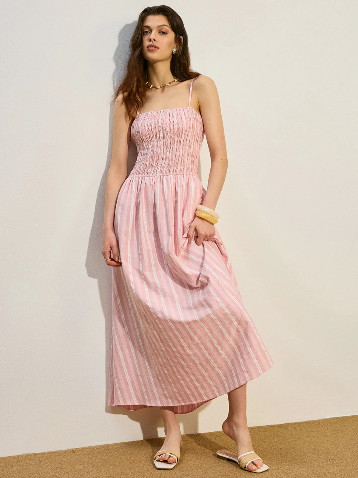 Pocketed Striped Shirred Maxi Dress - Wholesalesil