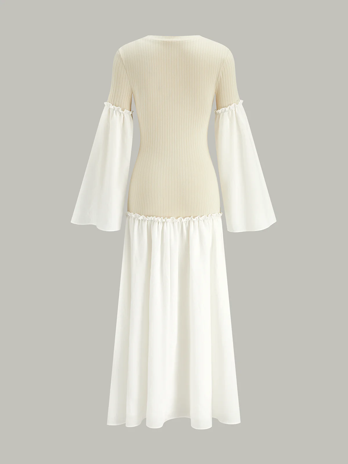 Bell Sleeve Contrast Panel Ribbed Maxi Dress - Wholesalesil
