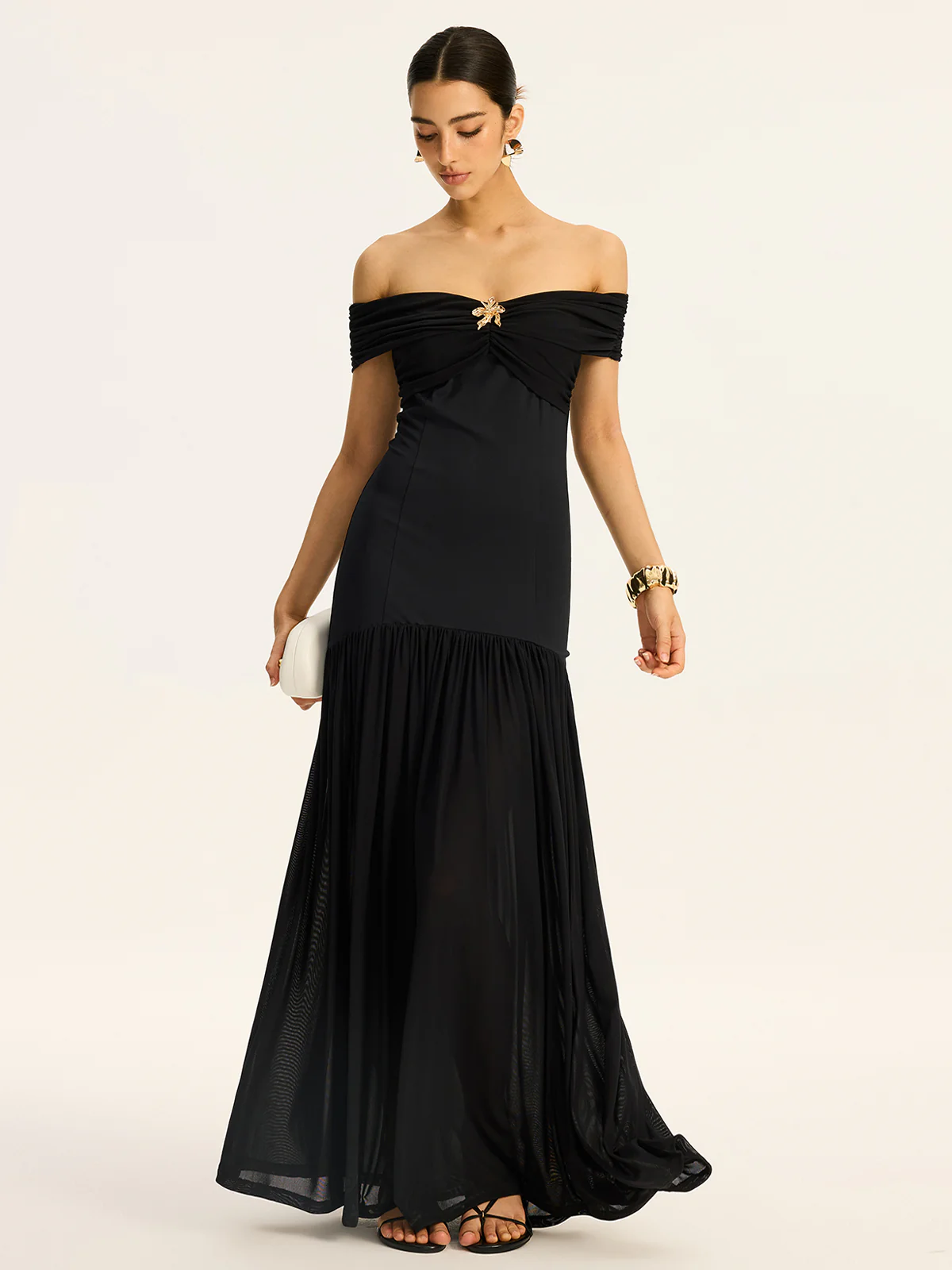 Semi-Sheer Off-Shoulder Ruched Mesh-Paneled Maxi Dress - Wholesalesil