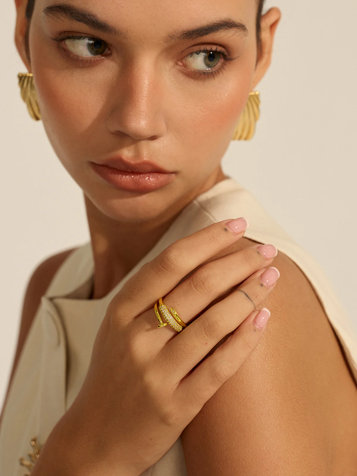 Gold Toned Stack Ring with Diamond-Like Details - Wholesalesil