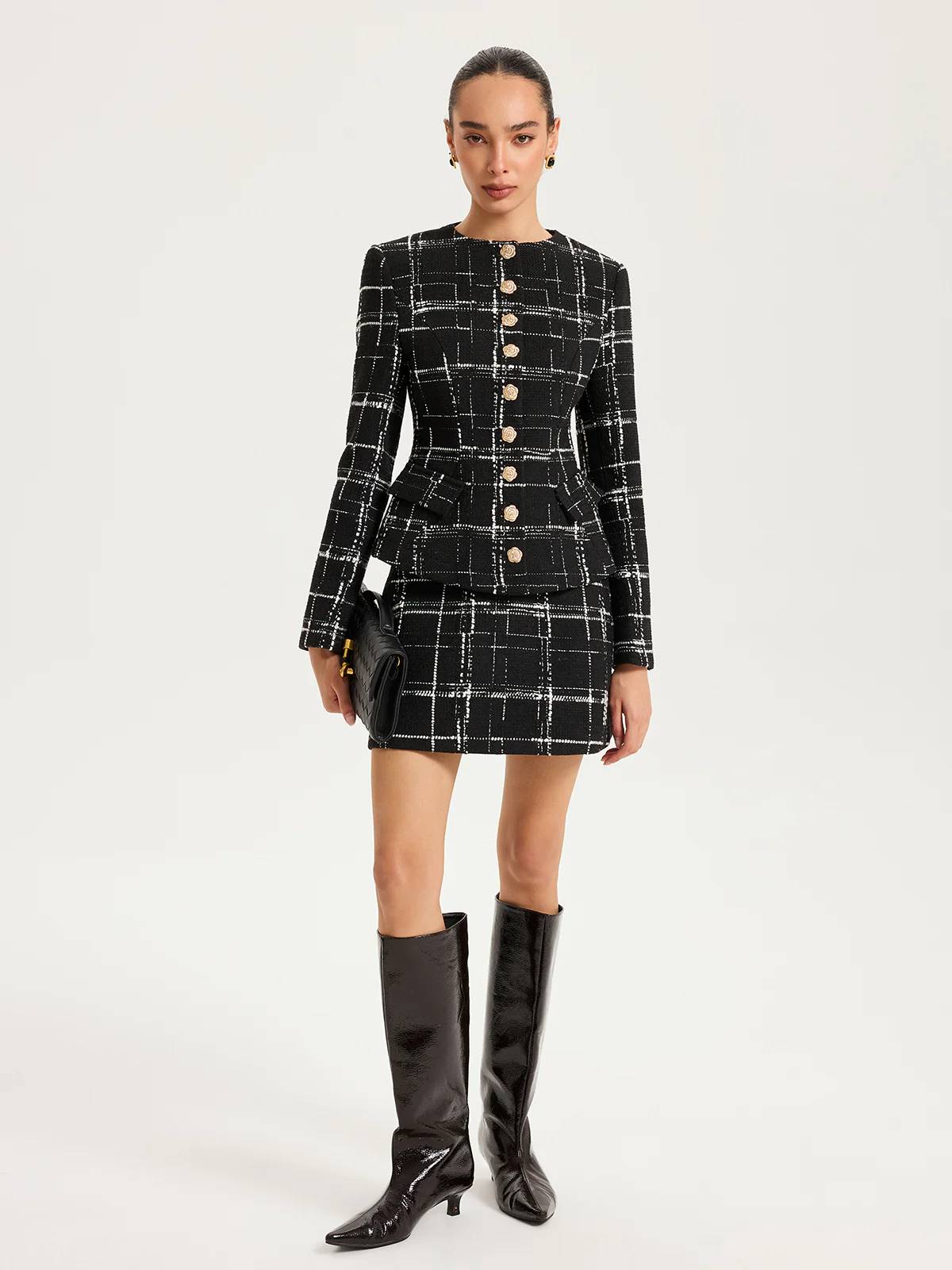 Tweed Plaid Metal-Button Blazer - Wholesalesil