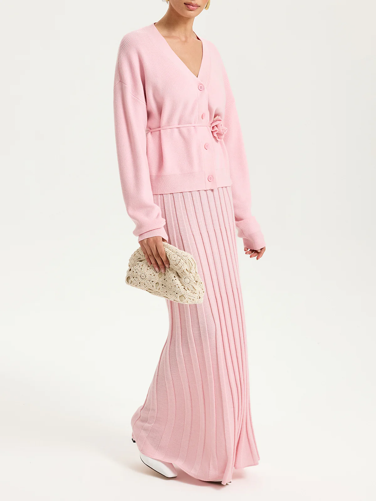 Knitted Belted Cardigan and Textured Maxi Skirt Set - Wholesalesil