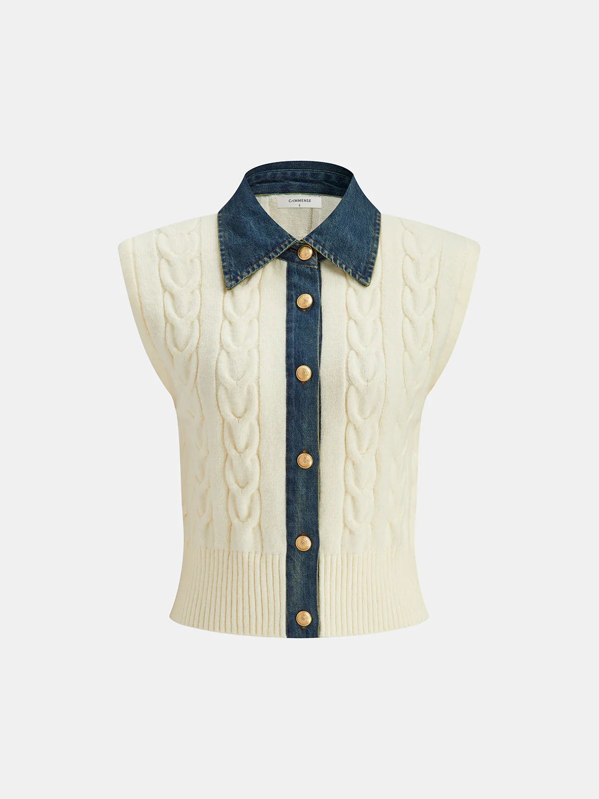 Denim Paneled Cable Knit Sleeveless Vest - Wholesalesil