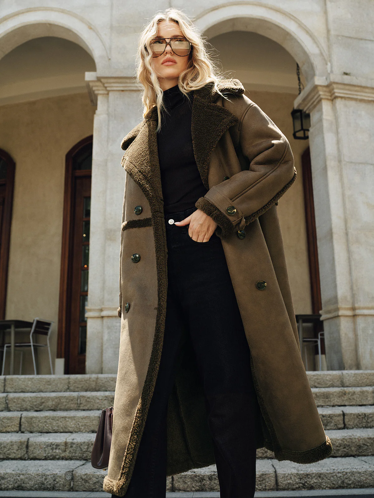 Double-Breasted Fleece Lined Faux Leather Longline Coat - Wholesalesil