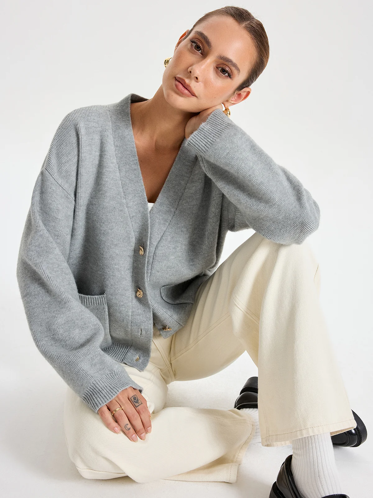 V-Neck Pocketed Metal Button Cardigan - Wholesalesil