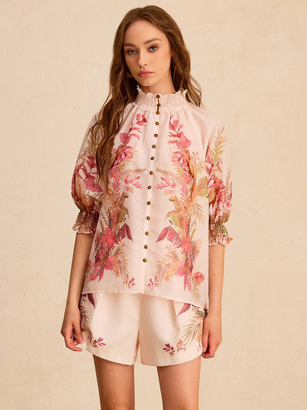 Floral Print Ruffled Mock Neck Blouse - Wholesalesil