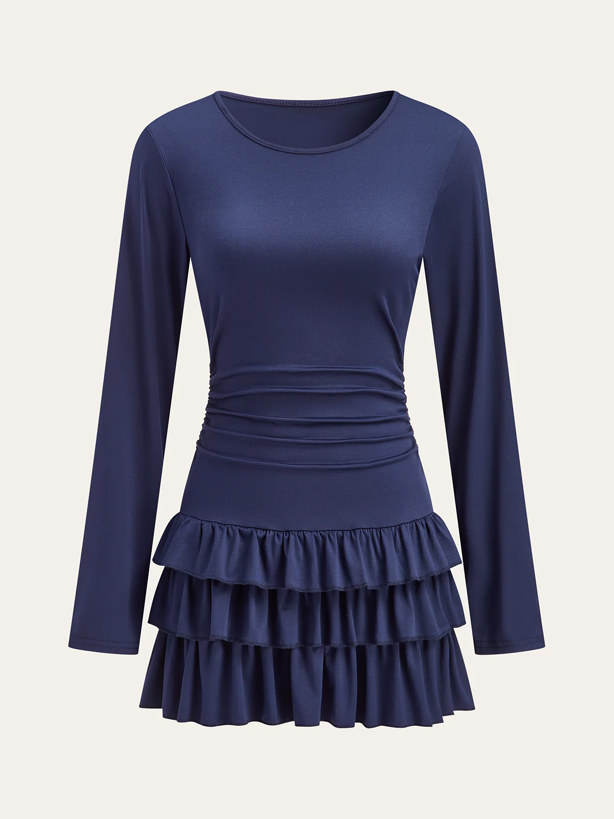 Long Sleeve Ruched Waist Layered Ruffle Dress - Wholesalesil