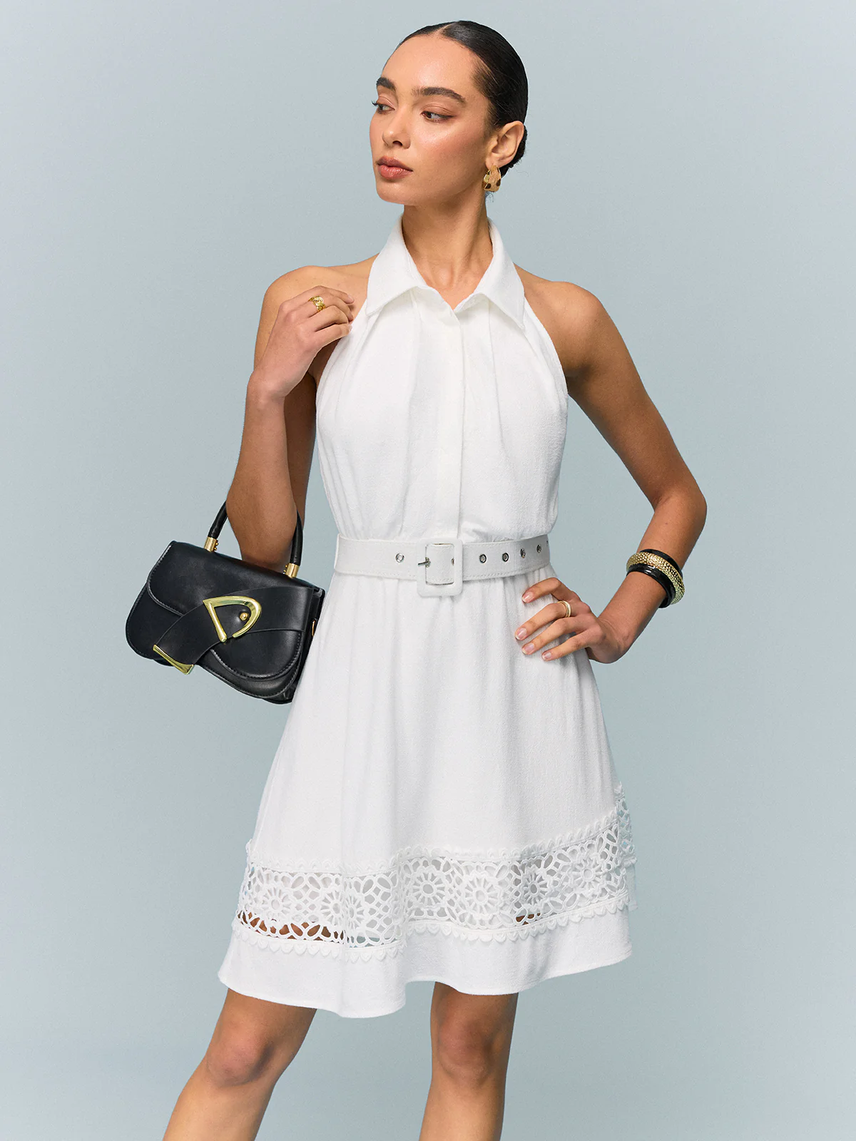 Linen Halter Belted Dress with Lace Hem - Wholesalesil