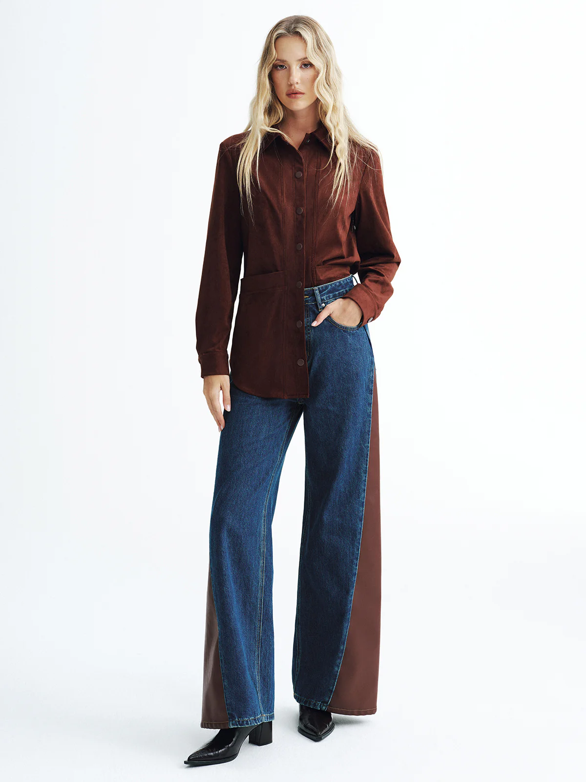 Contrast Panel Mid-Waist Denim Wide-Leg Jeans - Wholesalesil
