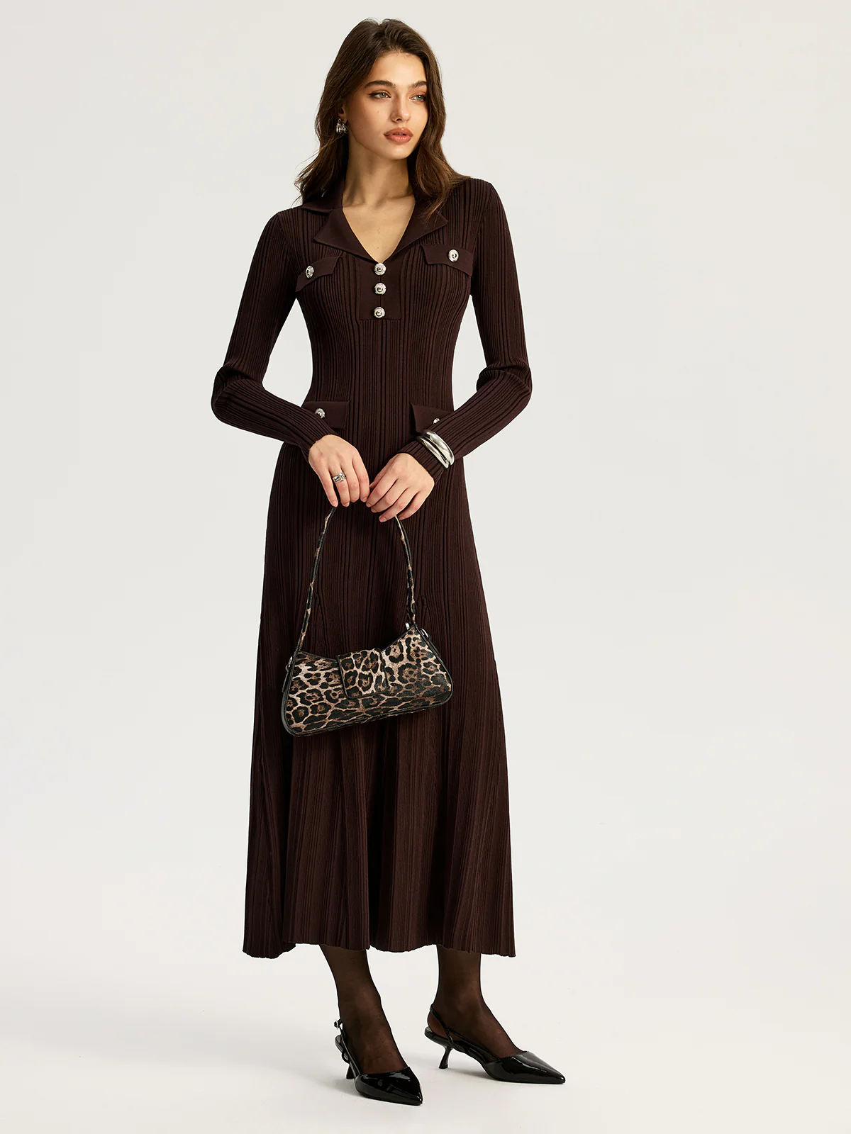 Lapel Metal Detail Knit Maxi Dress - Wholesalesil