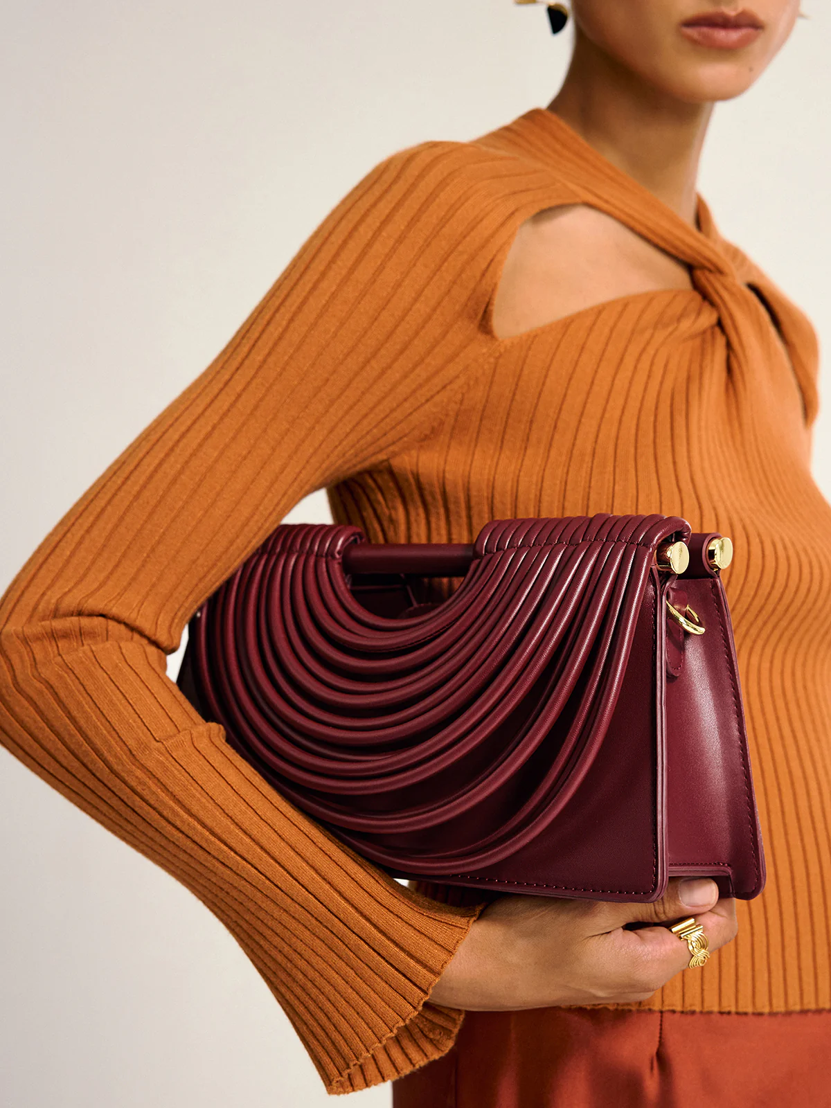 Curved Striped Handle PU Leather Bag - Wholesalesil