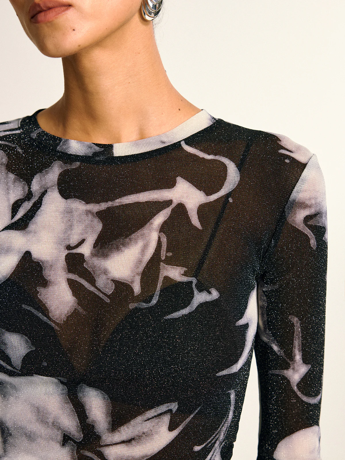 Semi-Sheer Long Sleeve Mesh Marble Print Blouse - Wholesalesil