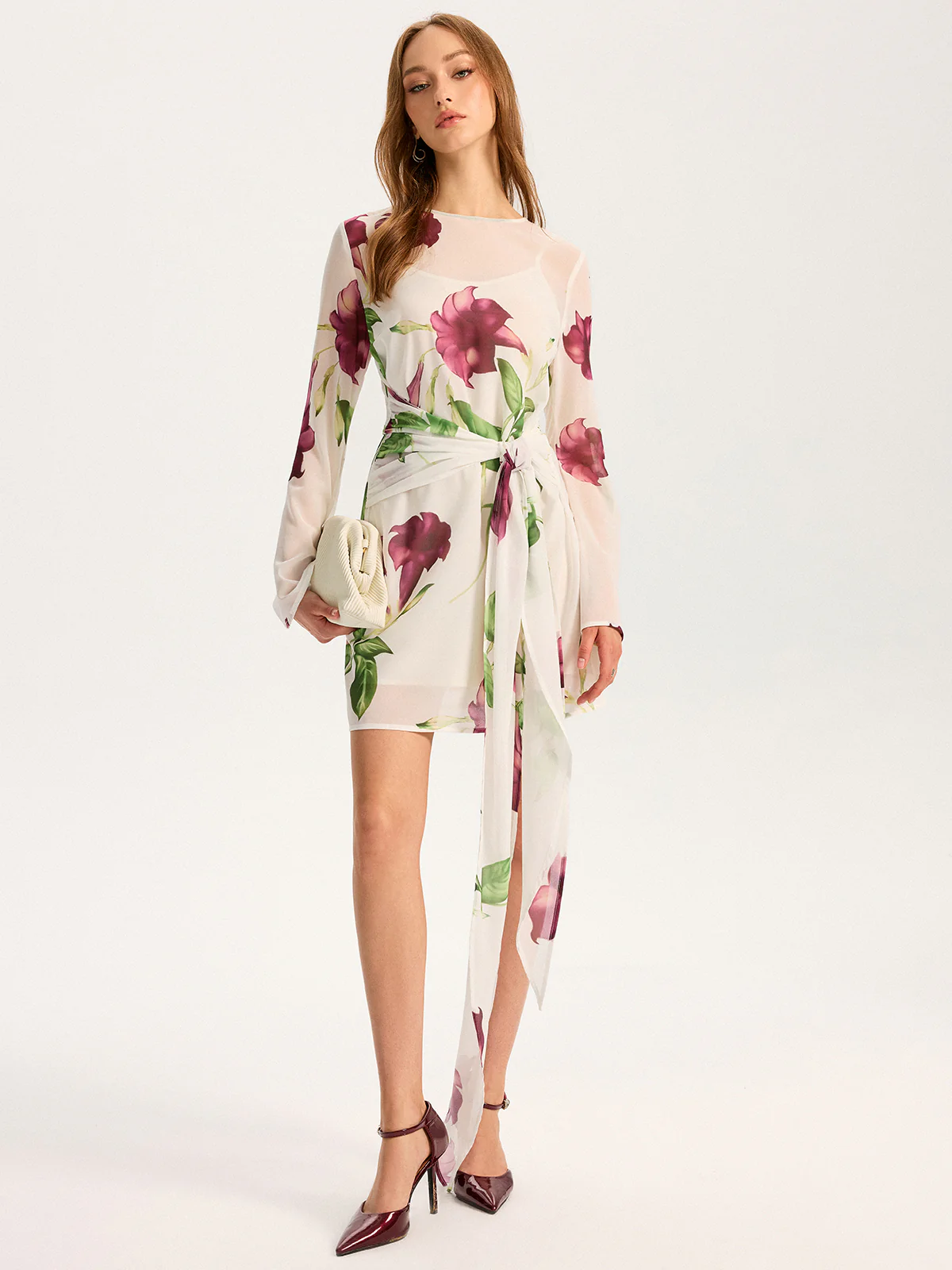 Semi-Sheer Floral Print Chiffon Mini Dress - Wholesalesil