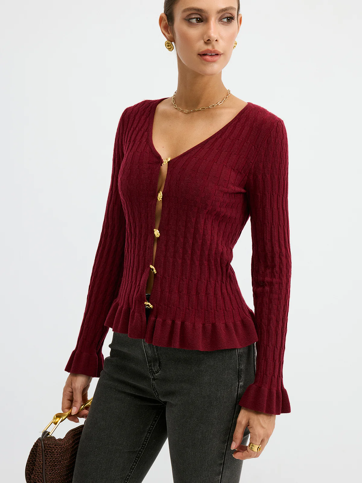 Metal Button Textured Fitted Wool Blend Knit Top - Wholesalesil