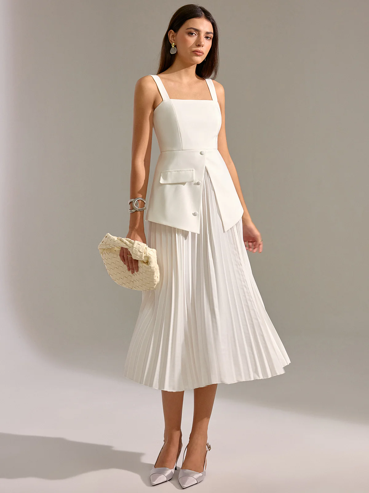 Square Neck Vest Panel Pleated Maxi Dress - Wholesalesil