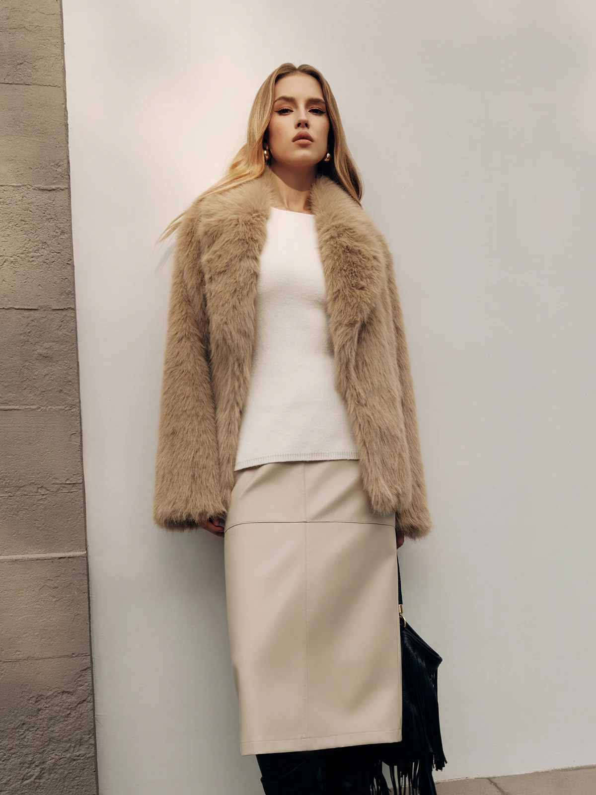 Shawl Collar Faux Fur Coat without Belt - Wholesalesil