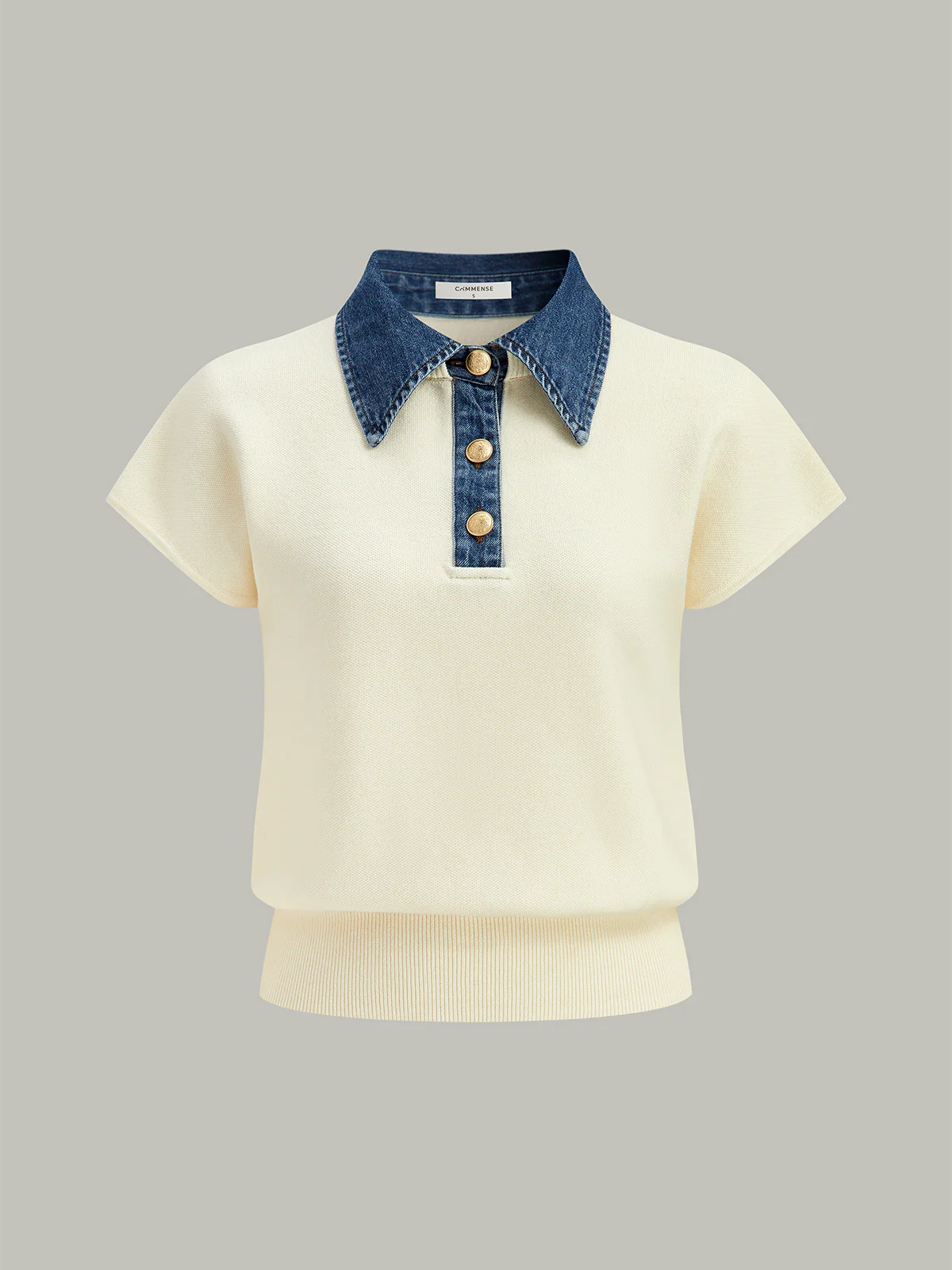 Denim Collar Cinched Knit Top - Wholesalesil