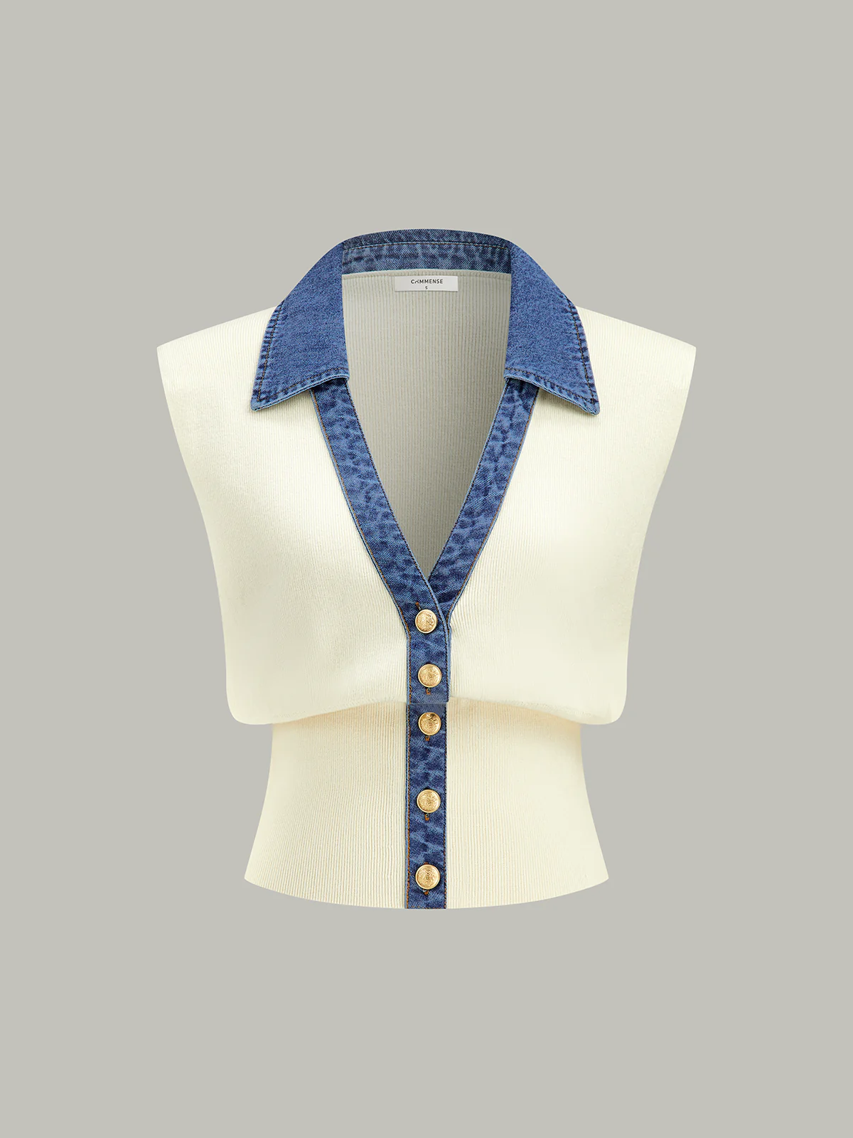 Denim Trim Metal Button Knit Vest - Wholesalesil