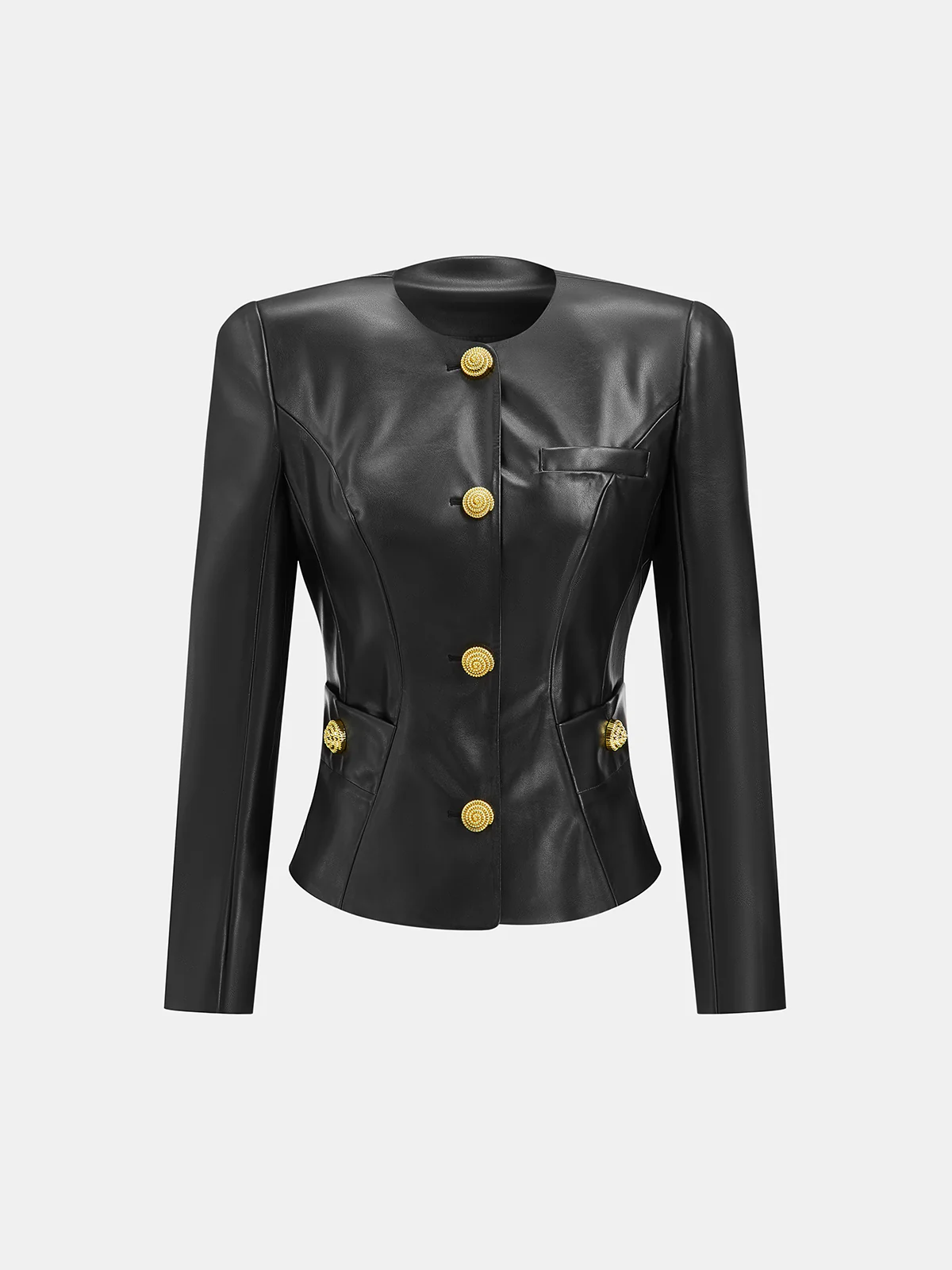 Faux Leather Round Neck Metal Button Fitted Blazer - Wholesalesil