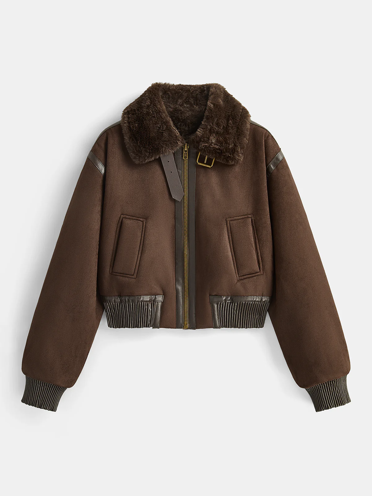 Faux Leather Trim Shearling Jacket - Wholesalesil
