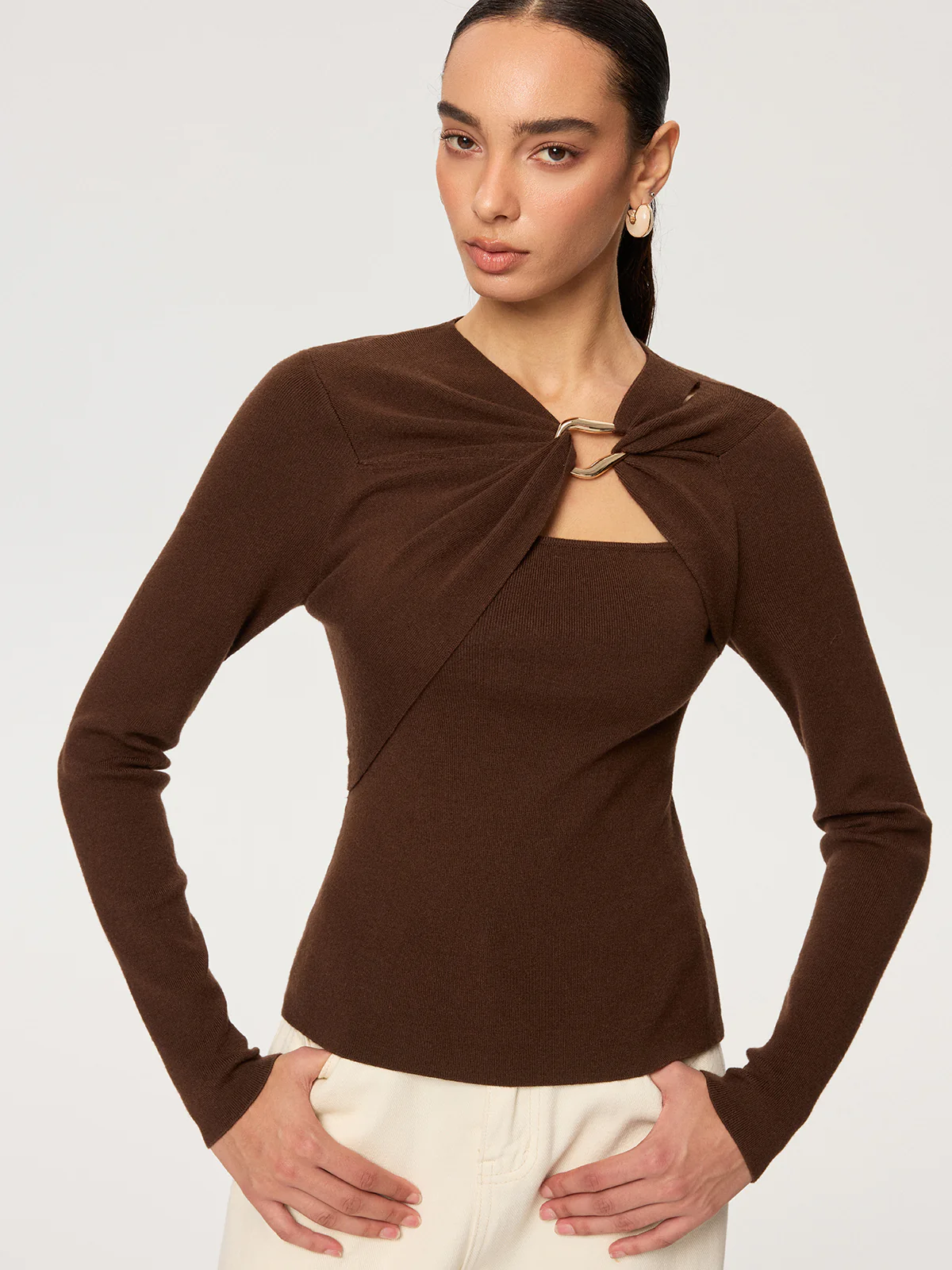 Metal Ring Detail Long Sleeve Knit Top - Wholesalesil