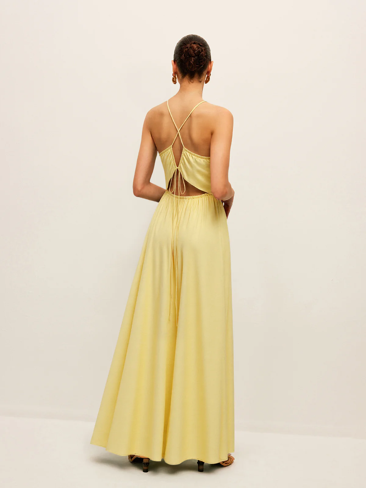 Spaghetti Strap Maxi Dress with Ruched Waist and Crisscross Back - Wholesalesil