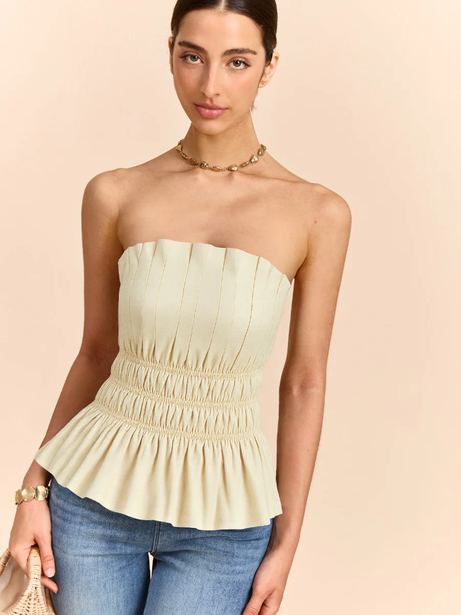 Cotton & Linen Strapless Smocked Peplum Top - Wholesalesil