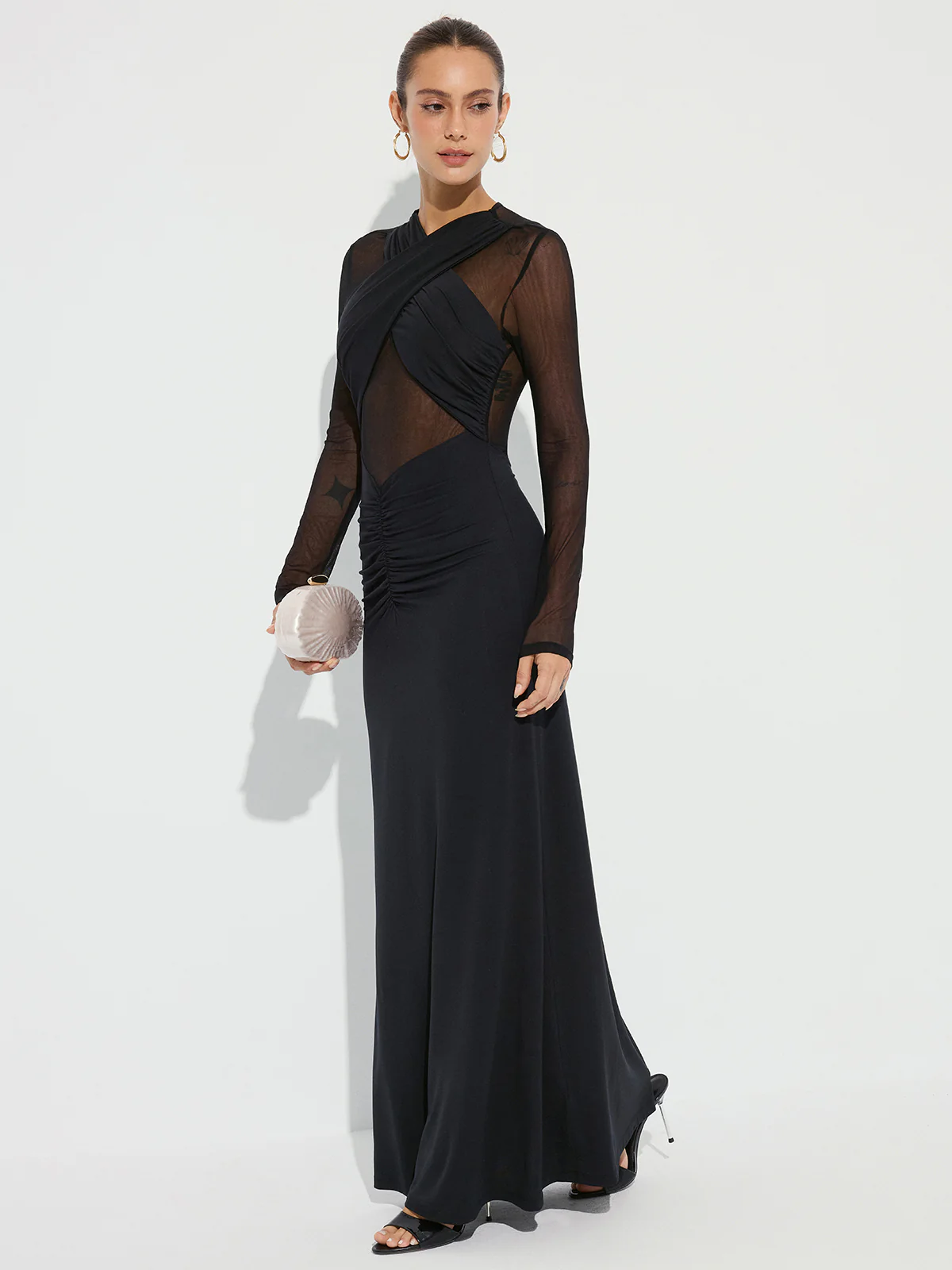 Cross-Front Ruched Mesh Paneled Maxi Dress - Wholesalesil