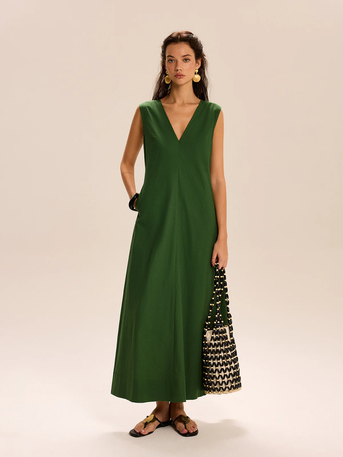 Linen & Cotton Pocketed V-Neck Maxi Dress - Wholesalesil