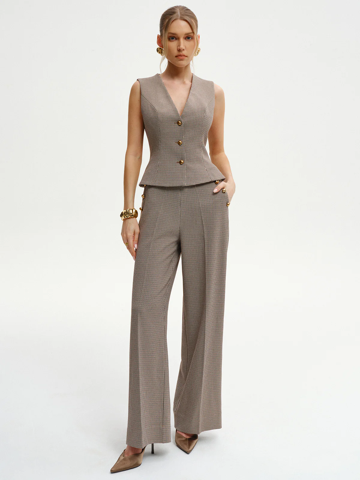 Houndstooth Metal Detail Mid-Waist Pants - Wholesalesil