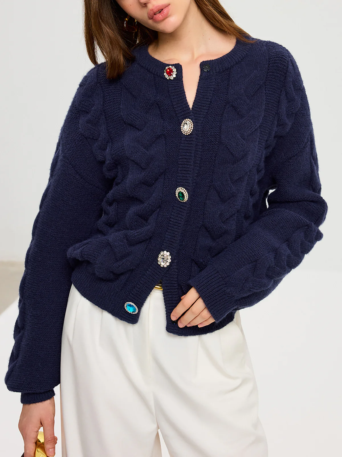 Cable Knit Rhinestone Button Cardigan - Wholesalesil