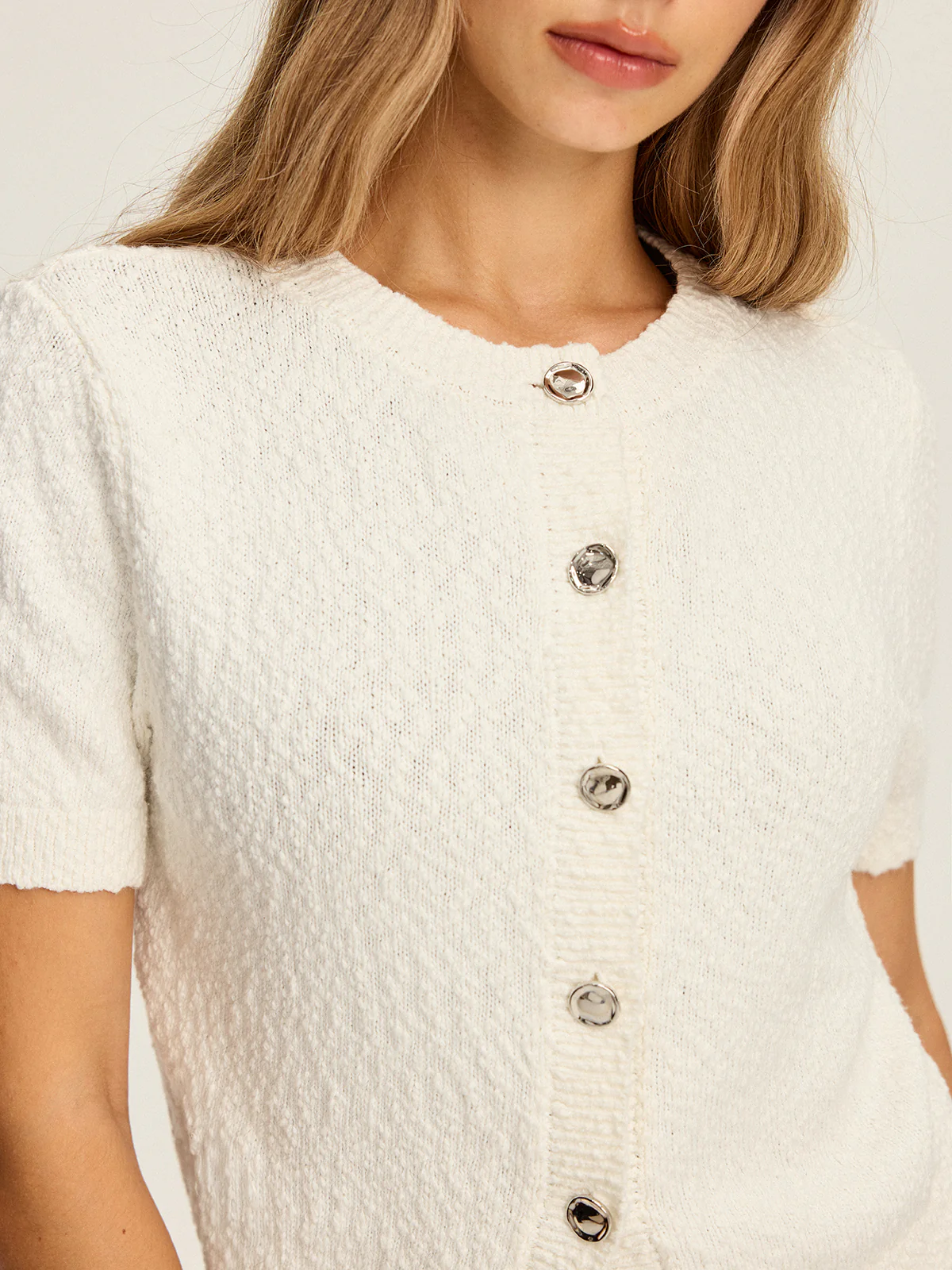 Textured Knit Short-Sleeve Cardigan - Wholesalesil
