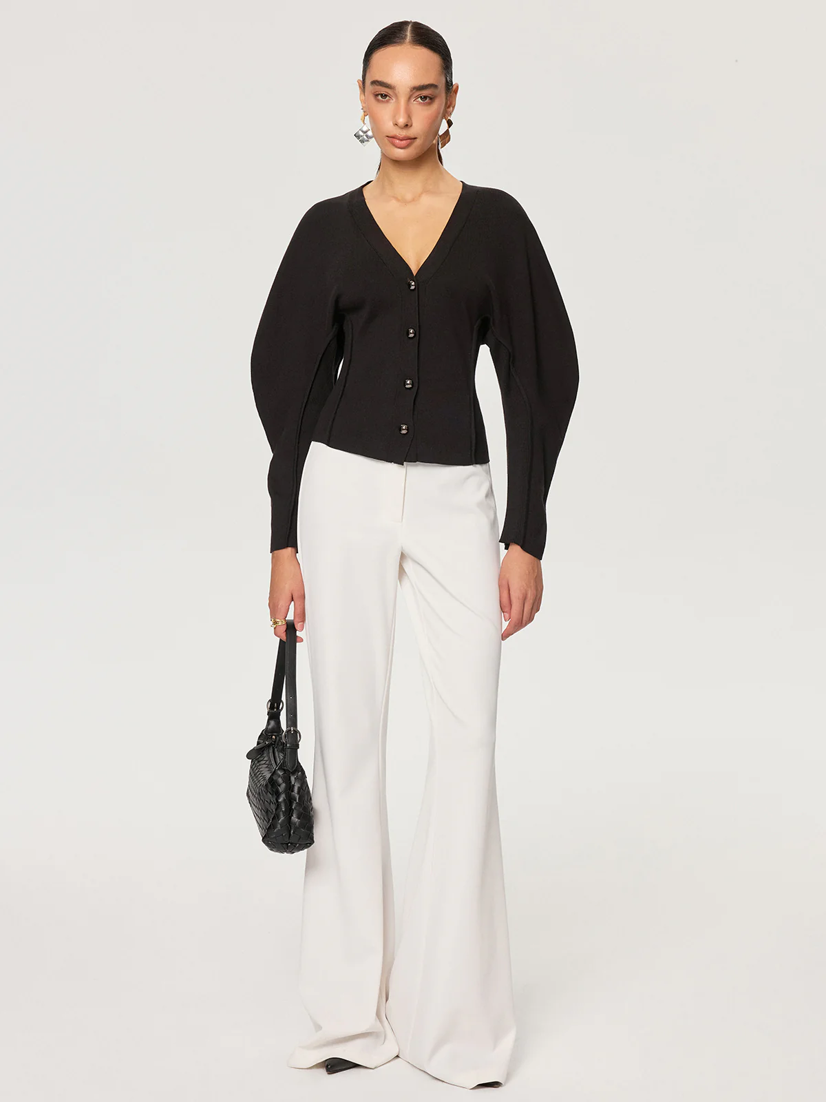 V-Neck Button-Front Puff Sleeve Cardigan - Wholesalesil