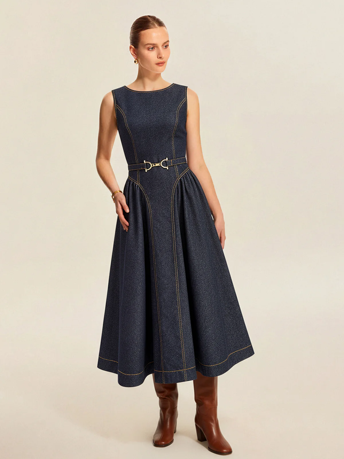 Denim Sleeveless Belted Flared Maxi Dress - Wholesalesil