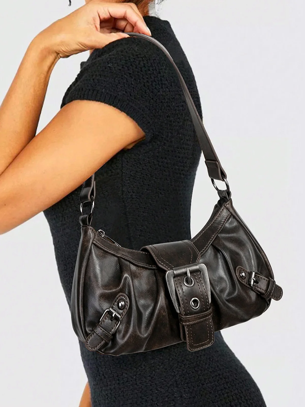 Vintage Faux Leather Buckle-Accent Hobo Bag - Wholesalesil