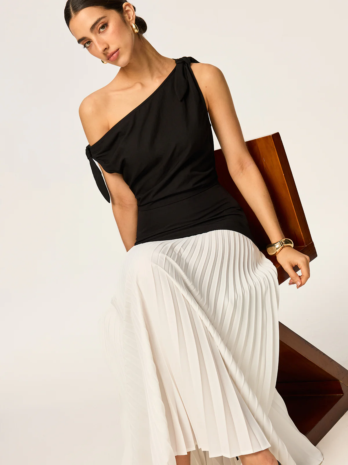 Asymmetric Pleated Maxi Dress with Bow Detail - Wholesalesil