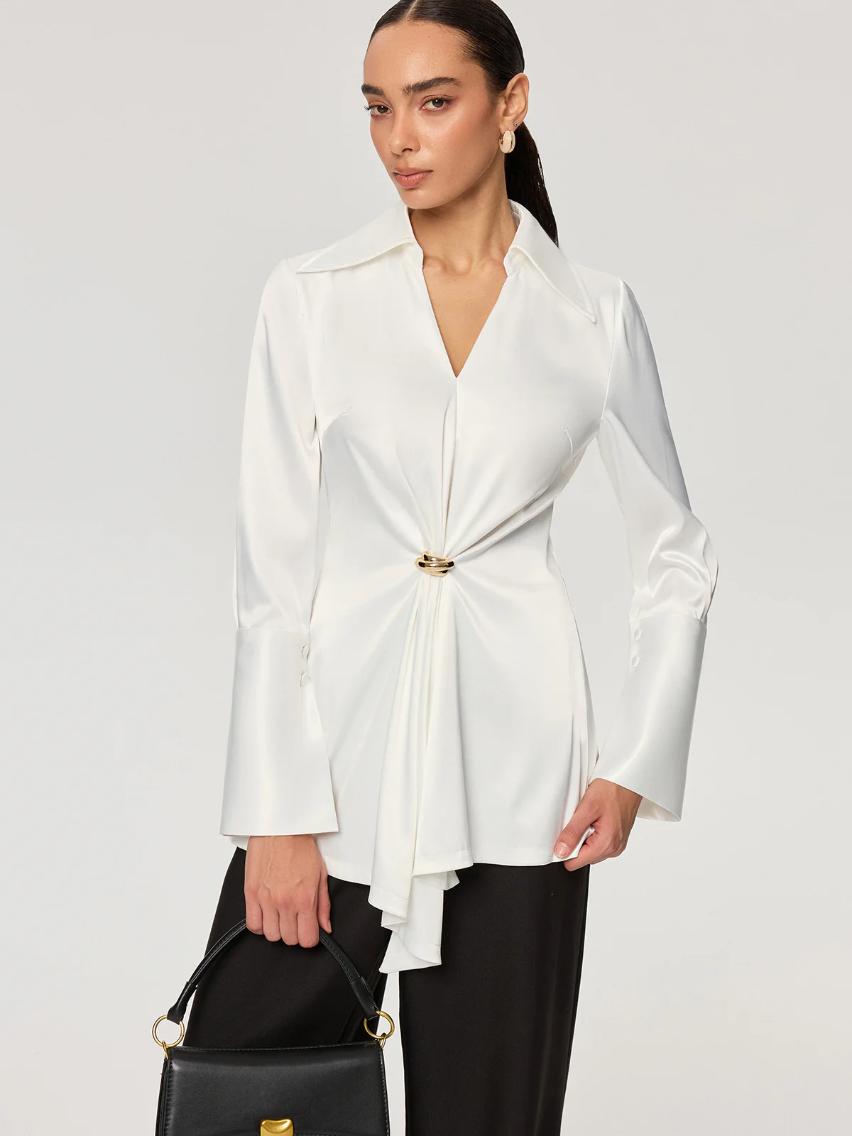 Metal Detail Cinching Satin V-Neck Blouse - Wholesalesil
