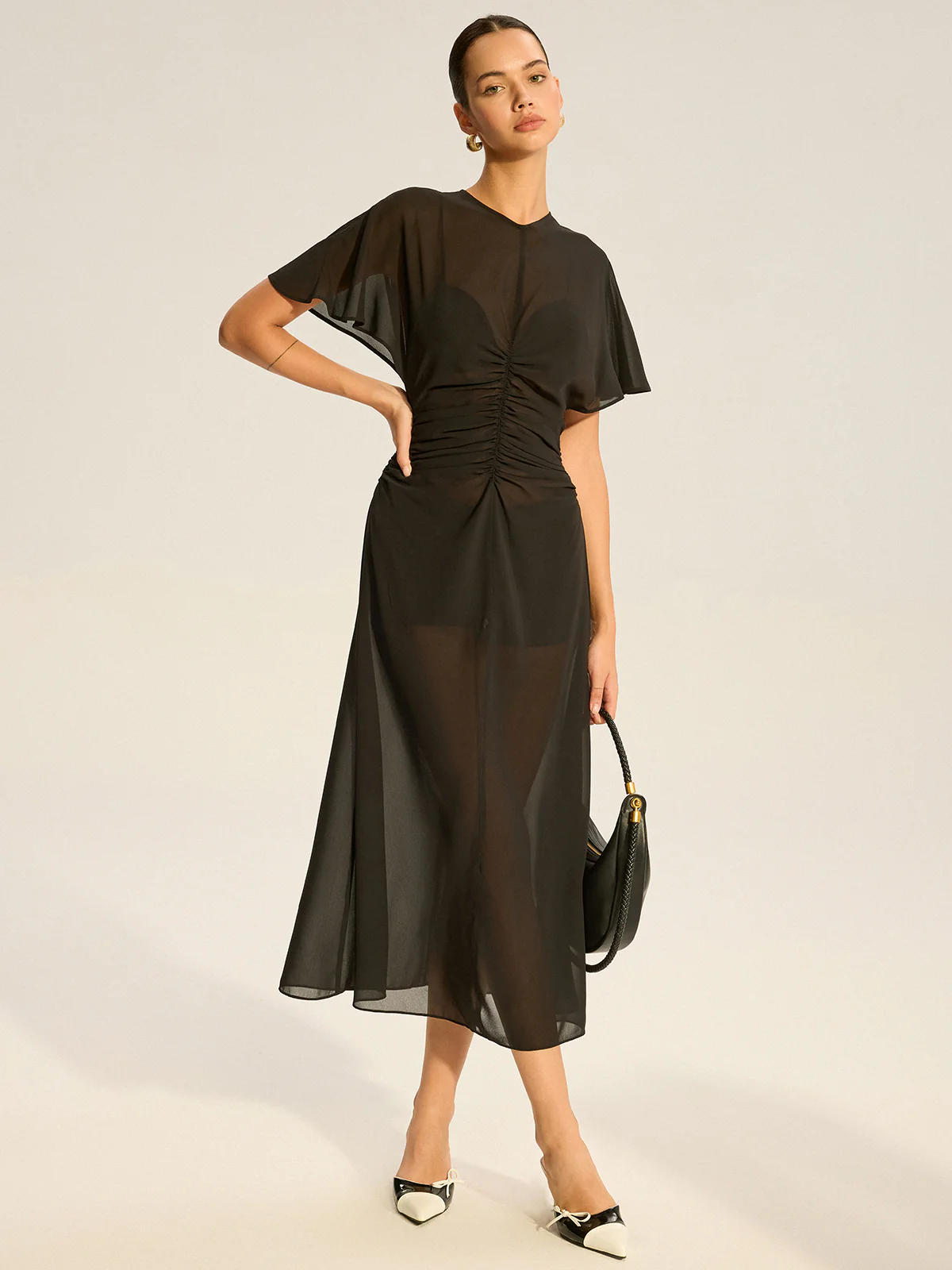 Sheer Chiffon Midi Dress with Lining Slip Two-Piece Set - Wholesalesil