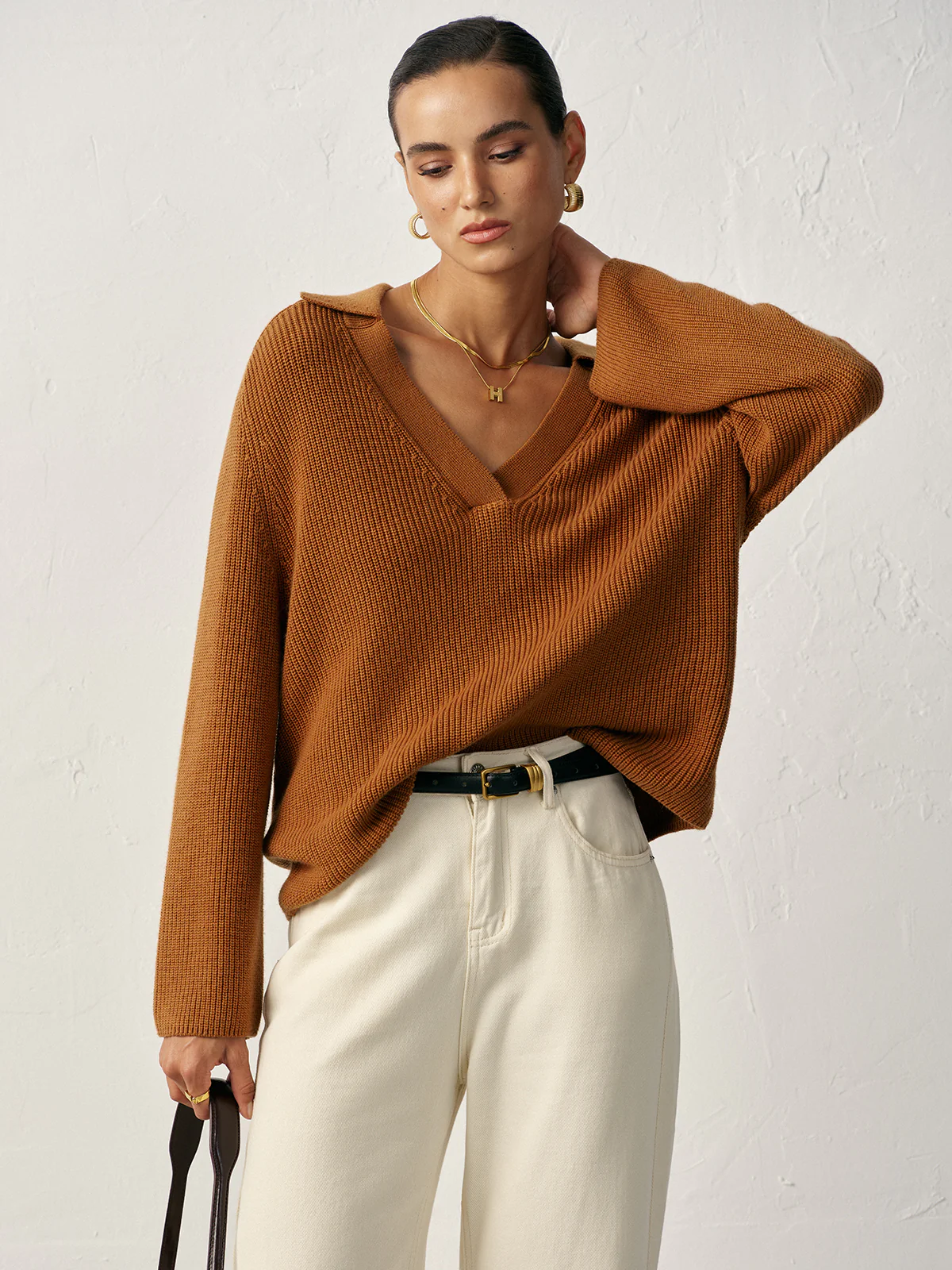 Wool Blend Polo Collar V-Neck Sweater - Wholesalesil
