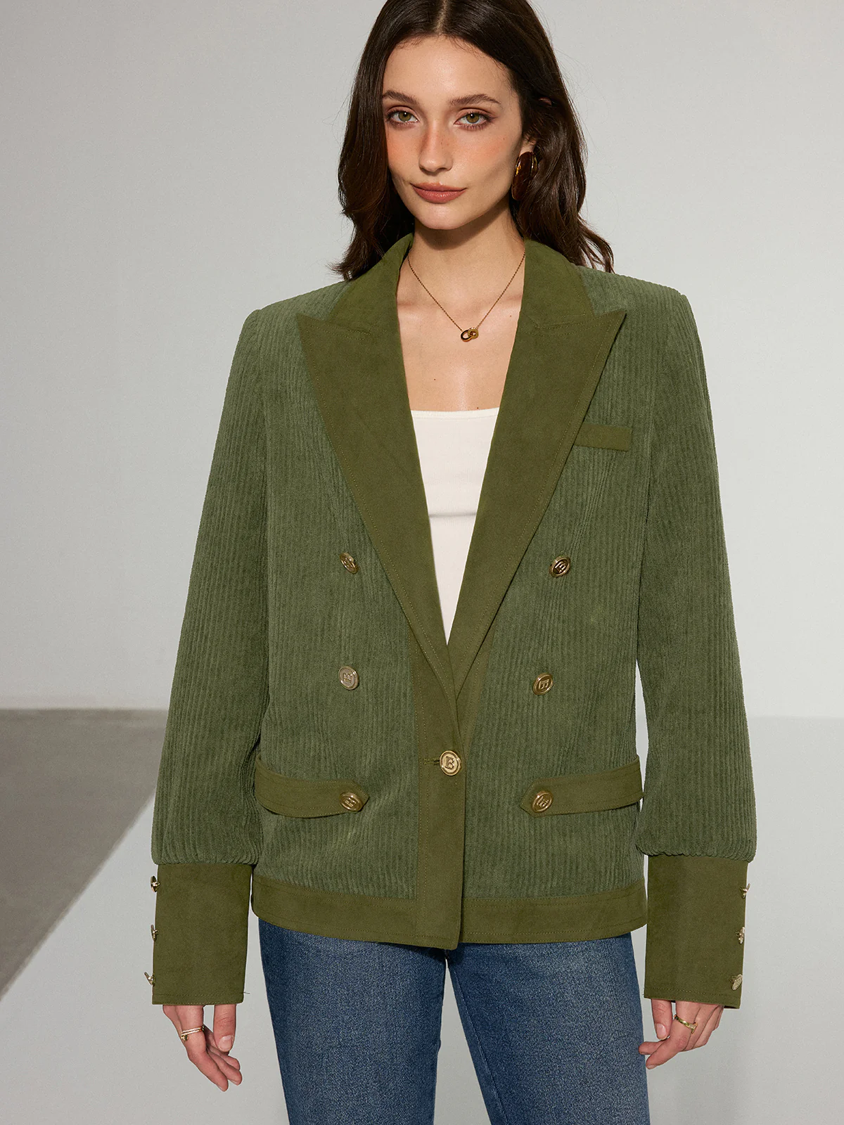 Corduroy Lapel Metal Button Blazer - Wholesalesil