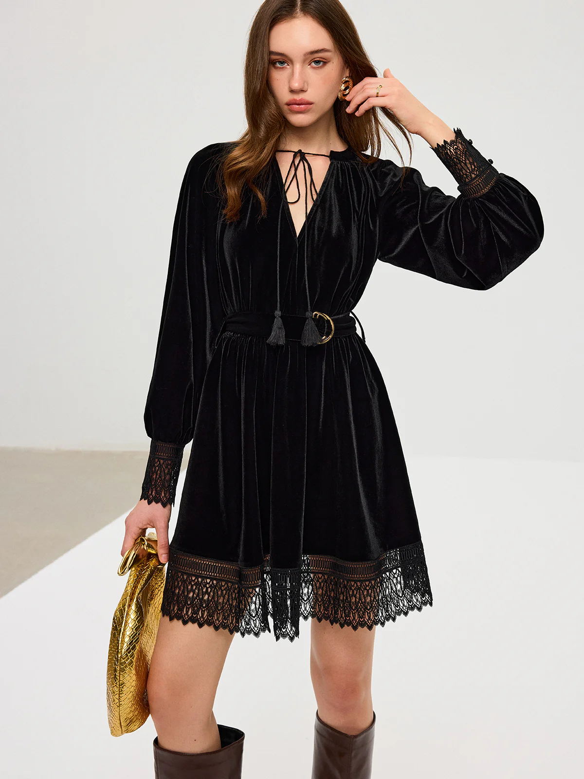 Velvet Belted Lace Trim Mini Dress - Wholesalesil