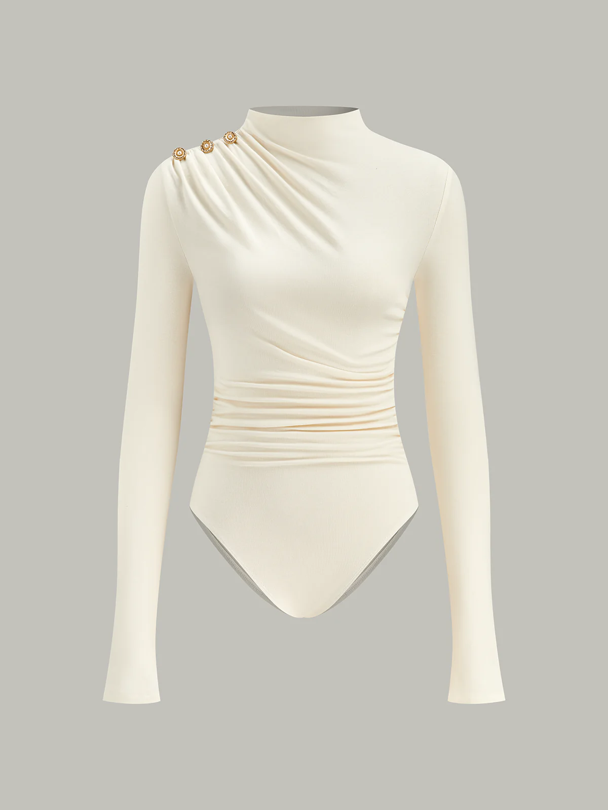 Ruched Shoulder-Decor Long Sleeve Bodysuit - Wholesalesil