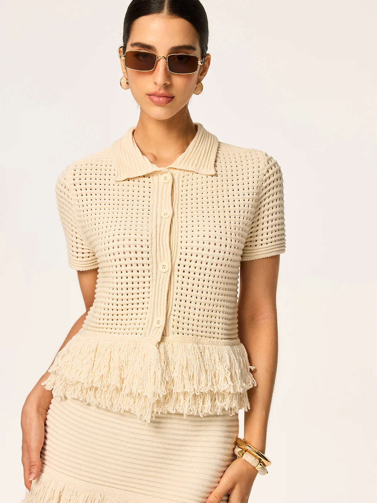 Fringed Mesh-Knit Polo Short Sleeve Top - Wholesalesil