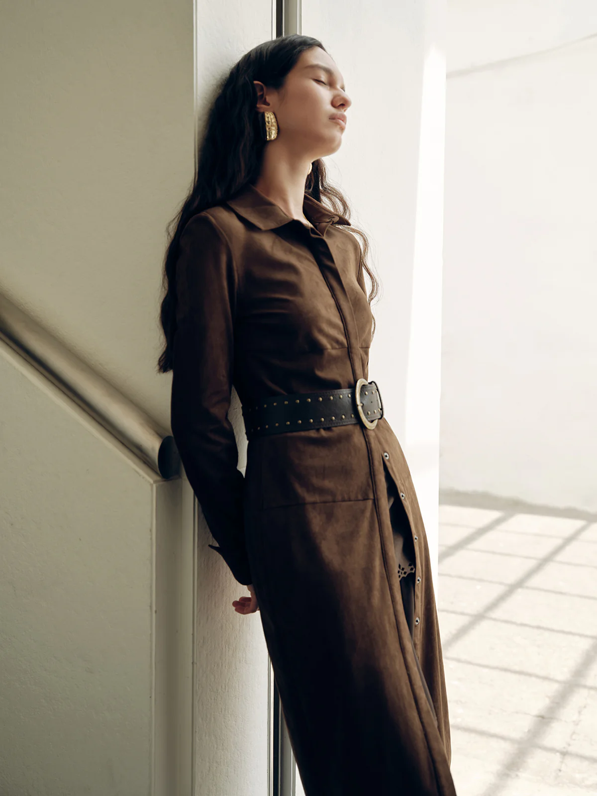 Suede Shirt Dress without Belt - Wholesalesil
