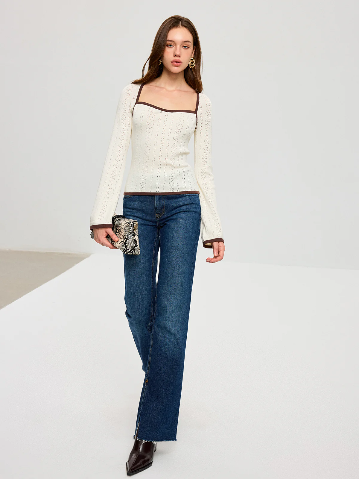 Square Neck Contrast Trim Eyelet Sweater - Wholesalesil