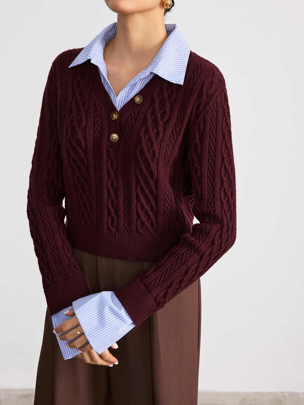2 in 1 Striped Shirt Panel Cable Knit Top - Wholesalesil