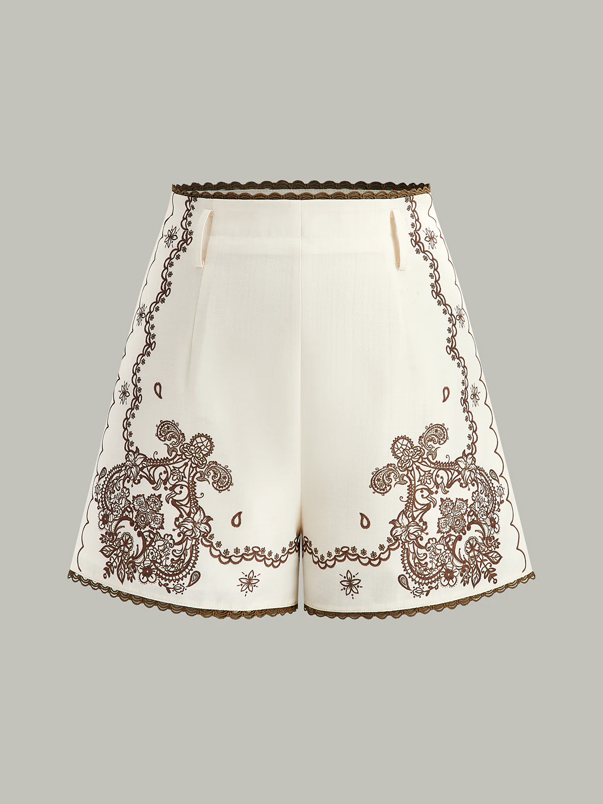 Floral Printed Suit Shorts with Lace Trims and Belt - Wholesalesil