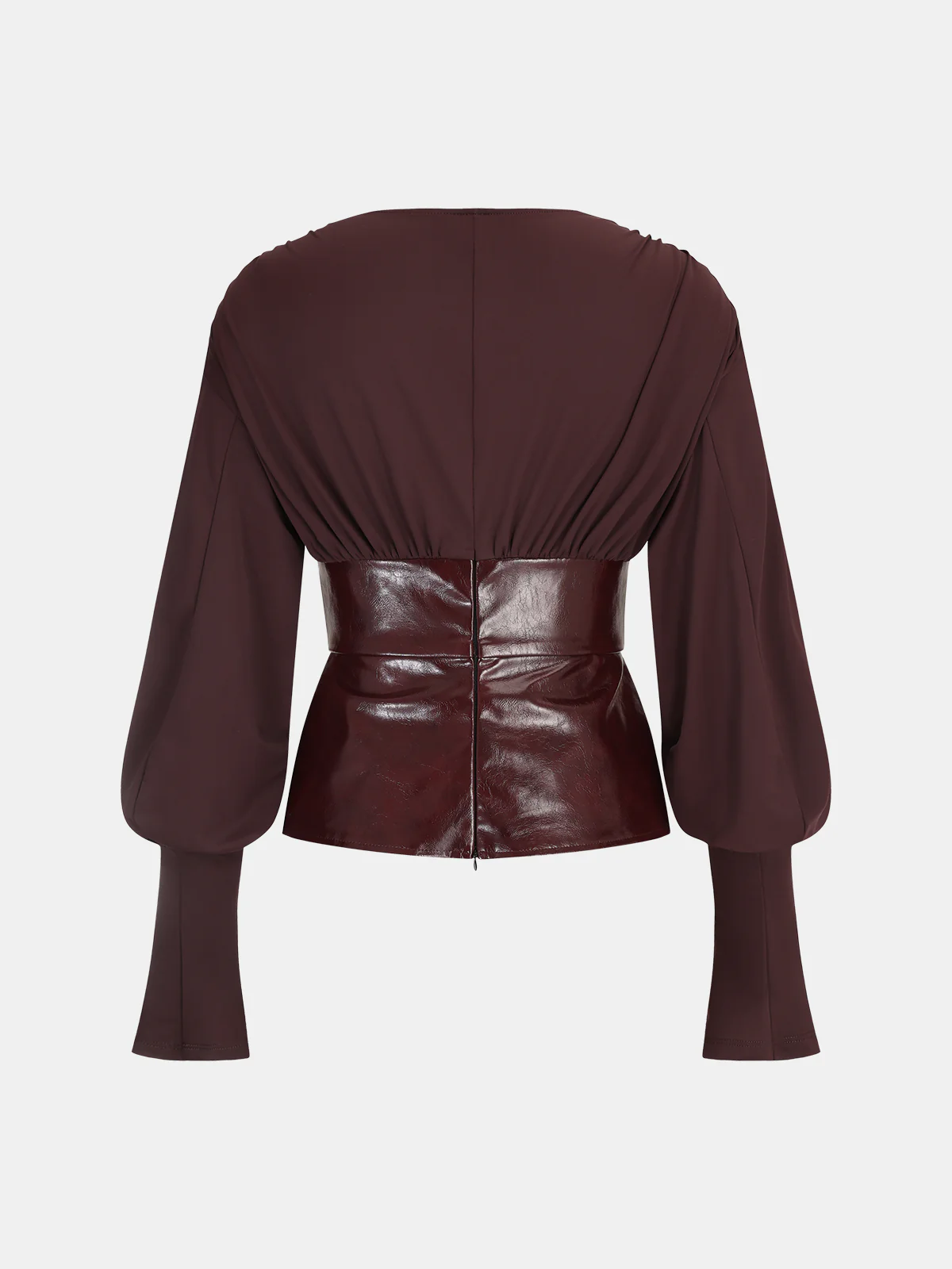 Faux Leather Panel Lantern Sleeve Blouse - Wholesalesil