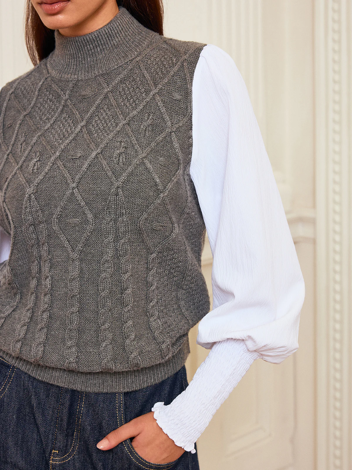 Leg-Of-Mutton Sleeve Panel Cable-Knit Sweater - Wholesalesil