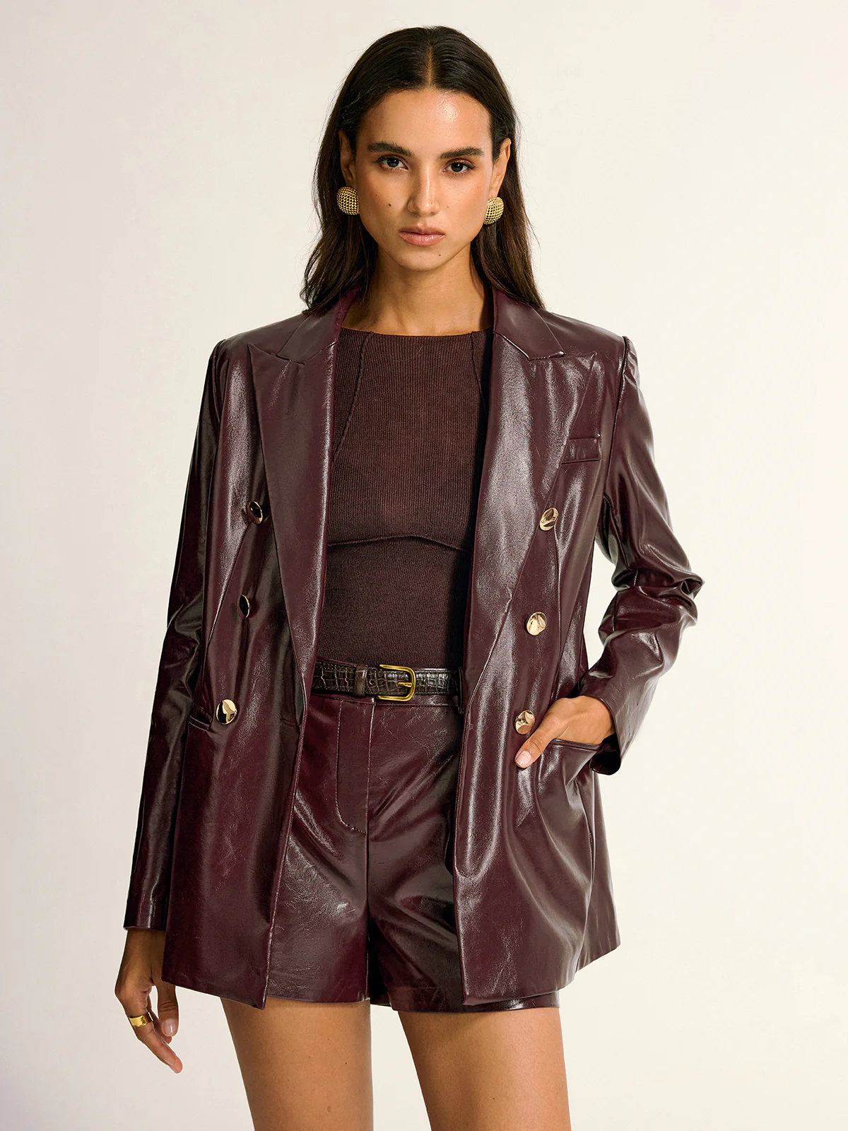 PU Leather Metal Button Lapel Pocket Blazer - Wholesalesil